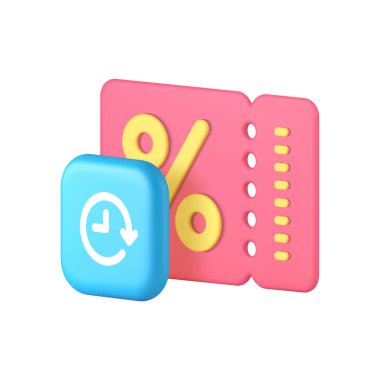 Alışveriş indirimi kupon kuponu tanıtım etiketi 3d gerçekçi vektör illüstrasyonu. Market süpermarket broşürü, ürün satın alma maliyeti azaltma için sınırlı özel teklif bileti