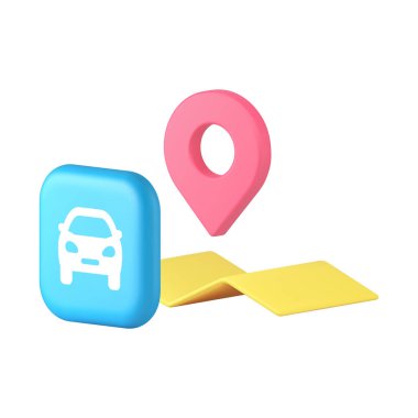 Araç haritası konumu GPS hedef 3 boyutlu gerçekçi vektör illüstrasyonuyla seyahat edin. Otomobil yol gezisi yön rehberi konum işaretçisi arama mesafesi küresel konumlandırma sistemi