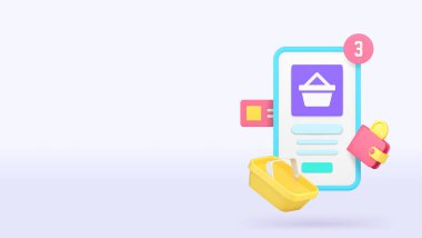 Çevrimiçi alışveriş süpermarketi akıllı telefon uygulaması afişi fotokopi alanı illüstrasyonu. İnternet mağazası market siparişi ticari perakende telefon uygulaması satın alıyor