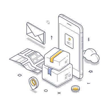 Güvenli teslimat konsepti. Bir akıllı telefon, iki paket, bir zarf ve bir harita ile birlikte tasvir edilerek, teknolojinin nakliye ve lojistiğe entegrasyonunu vurguluyor. İzometrik vektör illüstrasyonu
