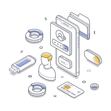 Modern teknoloji kurulumu kişisel veri yönetimi üzerine odaklandı. Akıllı telefon, USB sürücü, kredi kartı ve kullanıcı simgeleri gibi unsurlar öne çıkmaktadır. Modern izometrik çizgi sanat vektörü çizimi