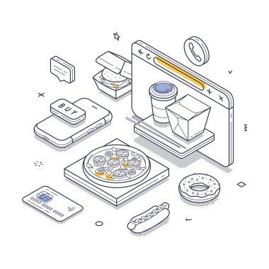 Çeşitli malzemelerle birlikte yiyecek sipariş süreci. İçinde pizza, çörek ve içecekler var. Yanında da akıllı telefon ve bilgisayar ekranı. Modern izometrik çizgi sanat vektörü çizimi