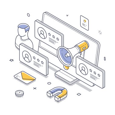Kullanıcı profilleri ve yıldız reytinglerini gösteren bir bilgisayar monitörü içeren referans pazarlama stratejisi. Modern izometrik çizgi sanat vektörü çizimi