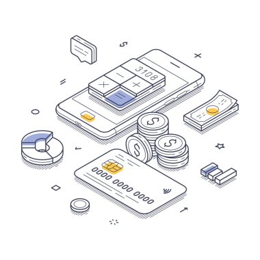 Akıllı telefon bütçeli bir uygulama, bozuk para ve nakit parayı gösteriyor, aile bütçesini özetliyor. Günlük hayatta bütçe yönetiminin önemi. Modern izometrik çizgi sanat vektörü çizimi