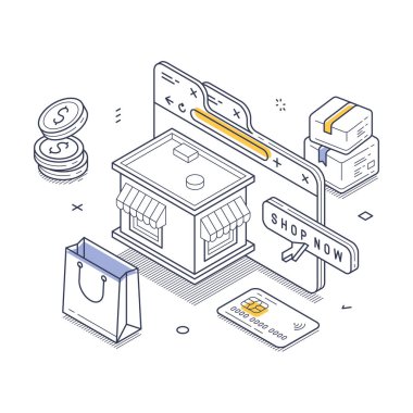 Çevrimiçi pazar yeri, mağaza önü, alışveriş torbası, bozuk para ve paketler. Raporda, modern tüketici davranışlarını yansıtan dijital alışverişin basitliği ve ulaşılabilirliği vurgulanıyor. Vektör illüstrasyonu