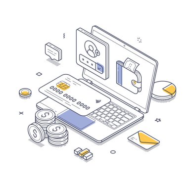 Ödeme seçeneklerini gösteren bir dizüstü bilgisayarın ve dijital cüzdanın bulunduğu çevrimiçi işlem sahnesi. Online banka başvurusunda nakit para transferi sistemi. Modern izometrik çizgi sanat vektörü çizimi