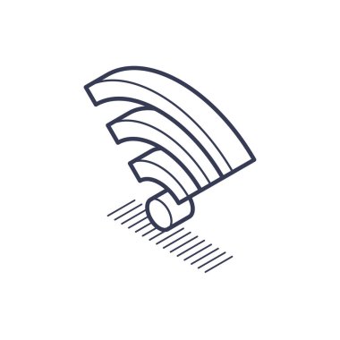 İzometrik çizgi simgesi modern dijital çağda bağlantıyı gösteren stilize edilmiş bir Wi-Fi sinyaline sahiptir. Tasarım, kablosuz iletişimin önemini vurguluyor.