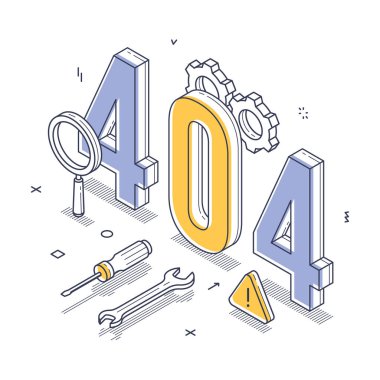 404 hata bildirimi. Çarklar, araçlar ve uyarı sembolleri içerir, izometrik bir perspektifte modern bir tasarımı sergiler, teknolojiyi ve sorun çıkarmayı vurgular. Vektör illüstrasyonu