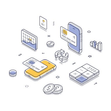 Modern izometrik çizgi çizimi dijital finans kavramlarını sergiliyor. Elementler arasında mobil cihazlar, ödeme kartları, veri tabloları ve madeni paralar yer alıyor. Vektör illüstrasyonu