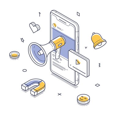 Modern vektör illüstrasyonunda megafonu, dikkat sembolleri ve nişan unsurları olan mobil bir cihaz bulunur. Isome tasarımı reklam kavramlarını yaratıcı bir şekilde ön plana çıkarıyor.