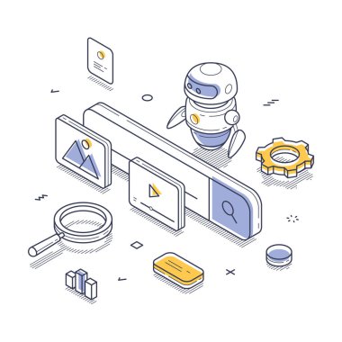 Yaratıcı tasarım çeşitli dijital araçları ve elementleri izometrik tarzda sergiler. Modern teknoloji kavramlarını gösteren bir robot, arama büyüteci ve grafikler. Vektör illüstrasyonu