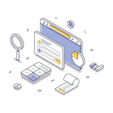 Çevrimiçi vergi hesap makinesi servis konsepti. Bir hesap makinesi, grafikler ve tarayıcı arayüzü de dahil olmak üzere çeşitli dijital finans ve muhasebe araçları. Modern izometrik çizgi vektör çizimi