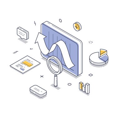 Veri analizi, grafikler ve büyüteç gibi çeşitli unsurlar, işletmeler için büyüme eğilimlerini görselleştirmenin önemini vurguluyor. Modern izometrik vektör çizimi