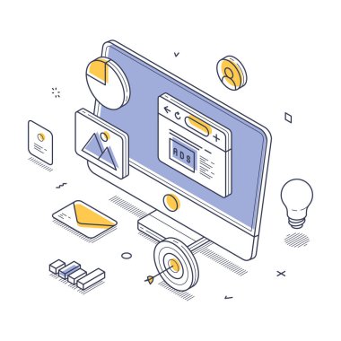Reklamları gösteren bir bilgisayar monitörünün yer aldığı dijital pazarlama konsepti, grafikler, resimler ve bir ampul gibi ilgili unsurlarla çevrili. Modern izometrik çizgi vektör çizimi