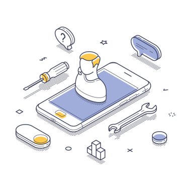 Modern izometrik vektör illüstrasyonunda kullanıcı avatarını gösteren bir akıllı telefon sergilenmektedir. Cihazın etrafında tornavida ve ingiliz anahtarı gibi teknik desteği gösteren çeşitli araçlar bulunmaktadır..