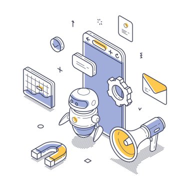 Ai güçlü pazarlama hizmetleri konsepti. Robot asistan, akıllı telefon, çizelge ve pazarlama araçları da dahil olmak üzere çeşitli dijital cihazlarla etkileşimde. Vektör illüstrasyonu