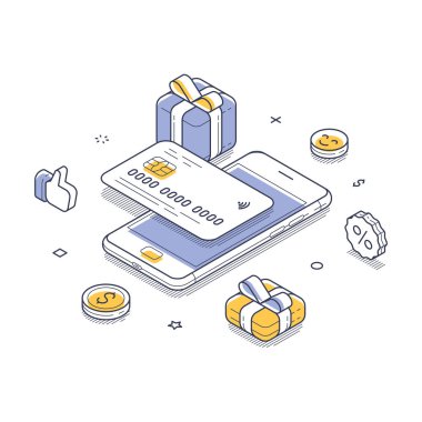 Akıllı telefon hediye kutuları ve bozuk paralarla çevrili dijital ödeme kartını gösteriyor. Tasarım, çevrimiçi alışveriş ve dijital işlemlerin kolaylığını vurguluyor. İzometrik çizgi vektör illüstrasyonu