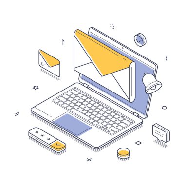 E- posta servisi online uygulama kavramı. Renkli bir izometrik çizgi çizimi açık e- posta bildirimli bir dizüstü bilgisayar tasvir eder.