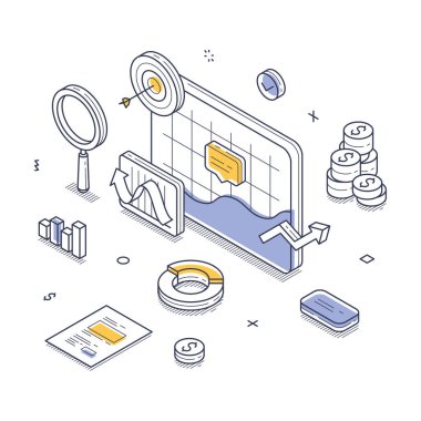 İşletme analitiğini temsil eden çeşitli unsurlara sahip dijital çalışma alanının Isometric görünümü grafikler ve para sembolleri de dahil. Vektör satırı illüstrasyonu