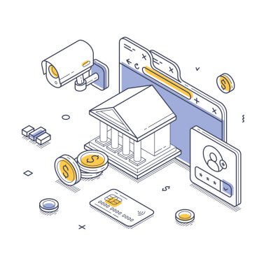 Modern finansal teknoloji ve güvenlik sistemlerini ön plana çıkaran bir banka binası, izleme ve dijital işlemleri gösteren Isometric tasarımı. Vektör illüstrasyonu
