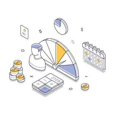 Grafikleri, hesap makinesi, bozuk paraları ve takvimi olan bir gösterge paneli içeren finansal analizin görsel temsili. Isometric vektör Illustration finansal verilerin etkin bir şekilde değerlendirilmesi fikrini iletir