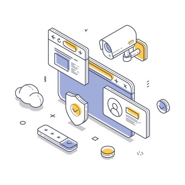 Çevrimiçi güvenlik, kalkanları, kameraları ve kimlik simgeleri olan, modern koruma yöntemlerini vurgulayan soyut şekillerle çevrili bir bilgisayar. İzometrik çizgi vektör illüstrasyonu