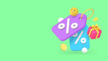 Alış veriş indirimi fiyat etiketi yüzde ve hediye afişi fotokopi alanı çizimi. Dükkan indirimi özel teklif Kara Cuma para tasarrufu ticari perakende pazarlığı