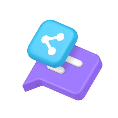 Sohbet mesajı paylaşım sosyal ağ internet iletişimi 3d gerçekçi vektör illüstrasyonu. Metin geribildirim sohbeti tartışma paylaşım topluluk ağı gelen siber uzay diyaloğu