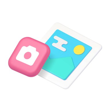 Fotoğraf çekimi fotoğraf makinesi multimedya içerik düğmesi 3d gerçekçi vektör illüstrasyonu. Elektronik lensleri fotoğraflayan profesyonel optik akıllı fotoğraf cihazı bulut depolama teknolojisi