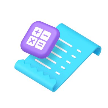 Vergi faturası muhasebe bütçesi dengesi muhasebe hesaplama 3d ikon gerçekçi vektör illüstrasyonu. Ticari ödeme finansal belge listesi gelir giderlerini kontrol ederek iade ediyor