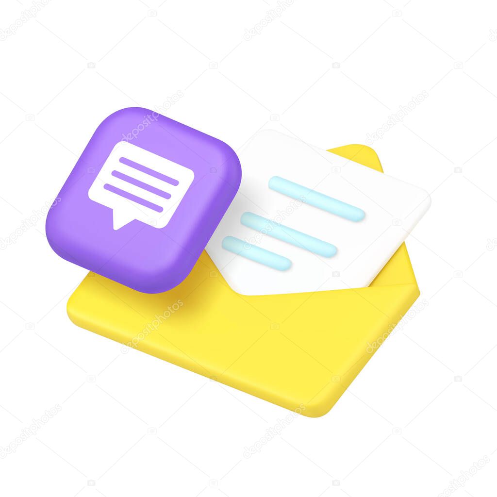 Message letter envelope internet chat online communication 3d icon realistic vector illustration. Cyberspace correspondence email inbox data send receive postal electronic mail document mailbox