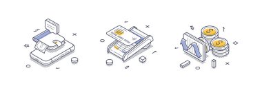 Çevrimiçi ödeme yöntemlerini gösteren Isometric satır simgeleri. Set, modern tasarım unsurları ile görsel olarak temsil edilen dijital işlemler, kart işleme ve finansal veri analizini içerir
