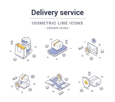 Teslimat hizmeti ile ilgili çeşitli izometrik çizgi simgeleri, paketler, dağıtım robotları ve nakliye rotaları gibi anahtar elementleri gösteriyor. Modern vektör çizimleri ayarlandı