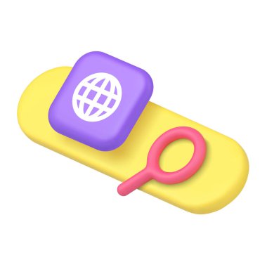 Kullanıcı arayüzü 3d gerçekçi vektör illüstrasyonu için internet tarayıcı genel araması. Çevrimiçi siber uzay keşif bilgileri form web sayfası sekmesi büyüteç ögesi bul