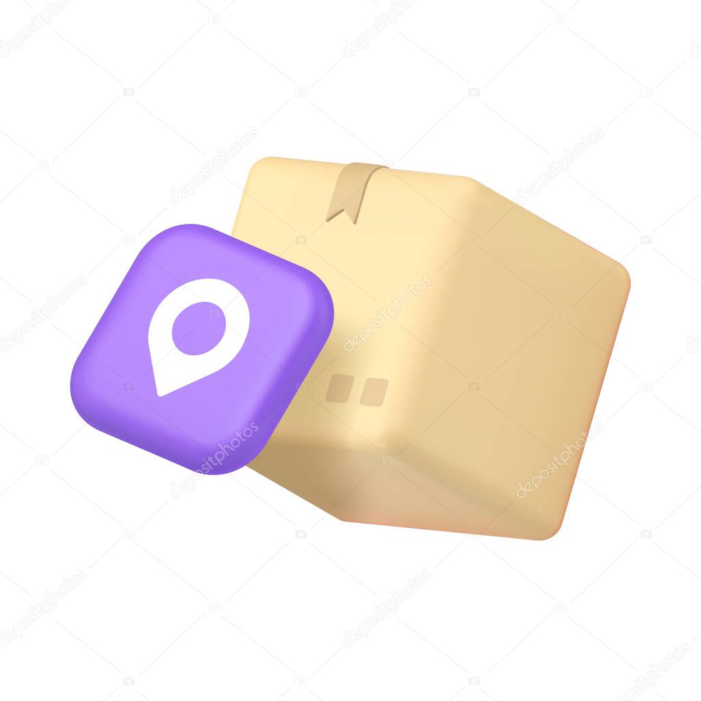 Delivery postal parcel courier online shopping order map tracking 3d icon realistic vector illustration. Cargo cardboard box shipping logistic distribution GPS navigation shipment transportation