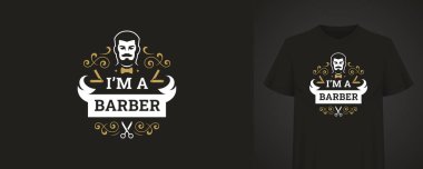 Zarif bir siyah tişört, şık bir berber tasarımı, klasik bir çizim, sakallı, makaslı bir adam. Berber dükkanları ya da moda meraklıları için mükemmel. Vektör illüstrasyonu