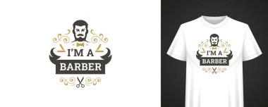 Klasik berber tasarımı, eski tarz erkek portresi, klasik dekoratif öğeler ve makas, kıyafet ve moda markaları için mükemmel. Vektör illüstrasyonu