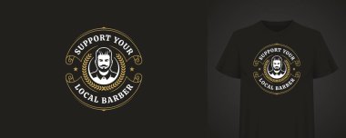 Sakal portresi, defne çelengi ve klasik tipografi içeren zarif dairesel tasarım. Yerel berberleri ya da moda markalarını tanıtmak için ideal. Vektör illüstrasyonu