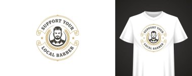 Klasik erkek portresi, dekoratif defne çerçevesi ve kalın tipografi ile klasik berber tasarımı, giyim ve promosyon ürünleri için ideal. Vektör illüstrasyonu