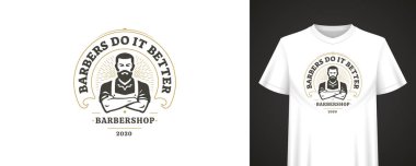 Kendine güvenen erkek berber çizimi, sakallı, cesur tipografi ve giyim, marka ve baskı tasarımı sloganı içeren klasik berber tasarımı. Vektör illüstrasyonu