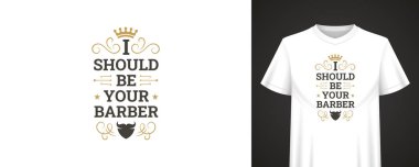 Taç, sakal ve yıldız gibi dekoratif unsurları tişört, poster ve markalaştırmak için kullanan şık bir berber tasarımı. Modayı takip eden berberler için tasarlandı. Vektör illüstrasyonu