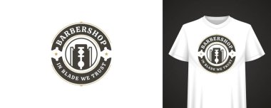 Kalın harflerle, jilet simgesiyle ve giyim, moda baskısı veya tabela için tasarlanmış şık alıntıyla geçmişe dönük berber amblemi. Damgalamak için mükemmel. Vektör illüstrasyonu