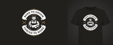 Eski moda berber tişörtü tasarımı. Siyah tişörtte esprili bir alıntı var. Bir berber, makas ve şık bir tasarım içeriyor. Vektör illüstrasyonu