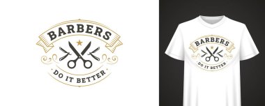 Makas ve jiletle klasik berber amblemi, zarif afiş ve slogan, tişört tasarımı, berber kimliği ve giyim markası için mükemmel. Vektör illüstrasyonu