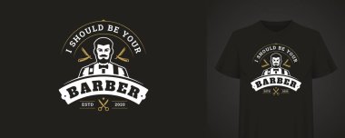 Retro berber logosu, sakallı, papyonlu ve makaslı stilize edilmiş bir adam, klasik bir alıntı ve yılla birleştirilmiş. Berber dükkanı ya da moda baskıları için mükemmel. Vektör illüstrasyonu