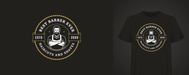 Klasik yazı ve dekoratif unsurlarla çevrili, kendine güvenen sakallı bir berber içeren zarif dairesel logo. Berber markası ya da moda kıyafeti için mükemmel. Vektör illüstrasyonu