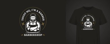 Cesur tipografi içeren eski tarz berber tişörtü klasik berber illüstrasyonu ve kendinden emin bir alıntı. Moda tasarımları için mükemmel. Vektör illüstrasyonu