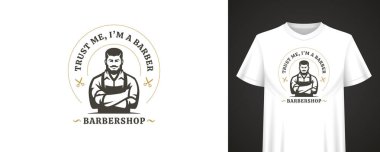 Kendine güvenen sakallı bir adam, makas simgeleri, kalın harfler ve şık bir berber dükkanı düzeni olan Retro berber logosu. Vektör illüstrasyonu