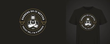 Retro berber logosu, kendine güvenen sakallı, klasik tipografi ve kıvrımlarla çevrili bir adam. Berber markası ya da moda anlayışı için mükemmel. Vektör illüstrasyonu