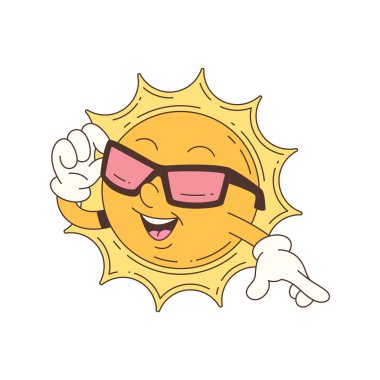 Güneş maskotu, güneş gözlüğü takan ve kendine güvenen biri. Eğlenceli ve neşeli bir tarzı var. Eğlenceli bir havası var. Yaz ve çocuk temaları için mükemmel. Vektör illüstrasyonu